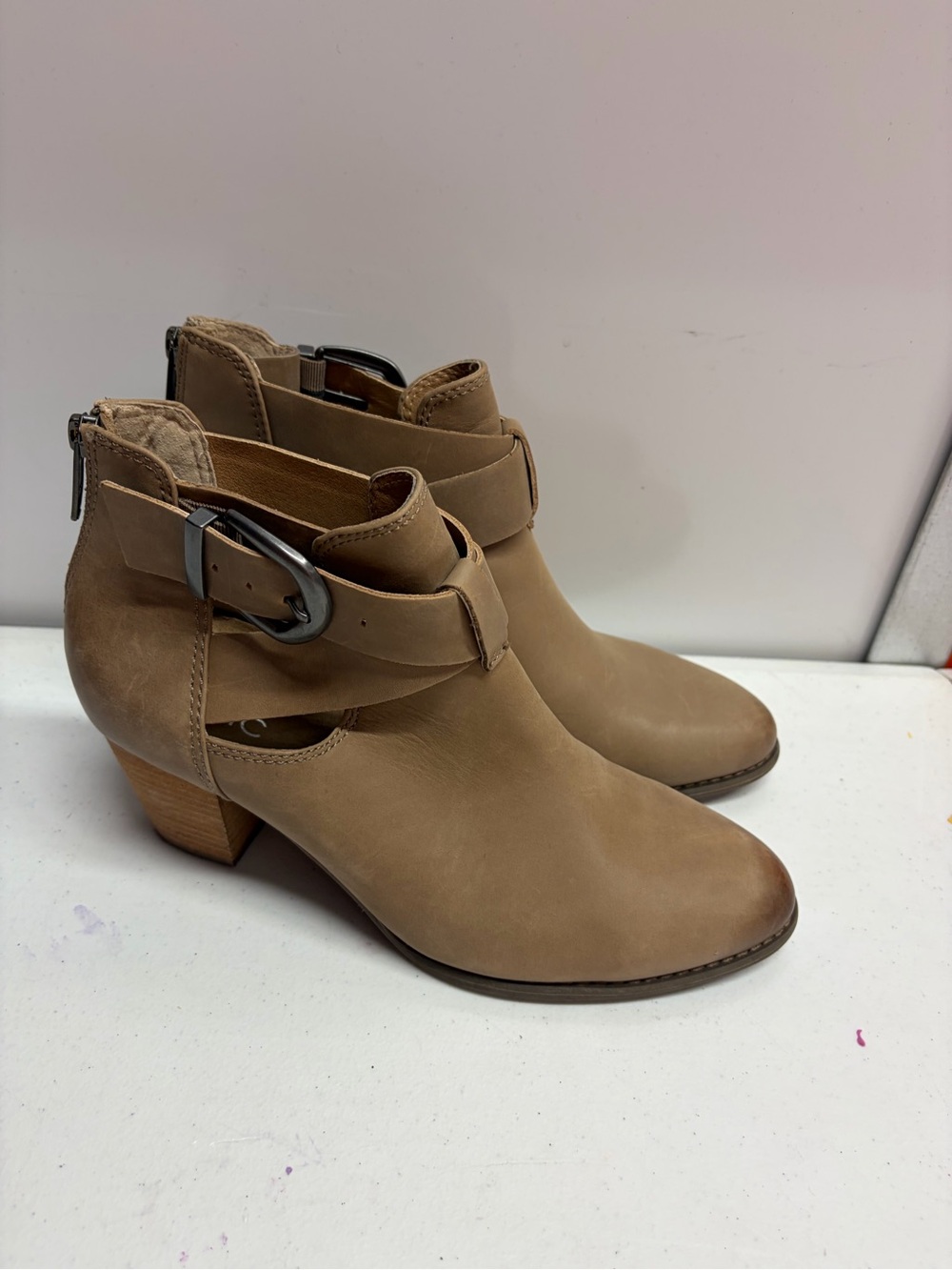 Vionic Taupe Tan Leather Ankle Booties with Buckle